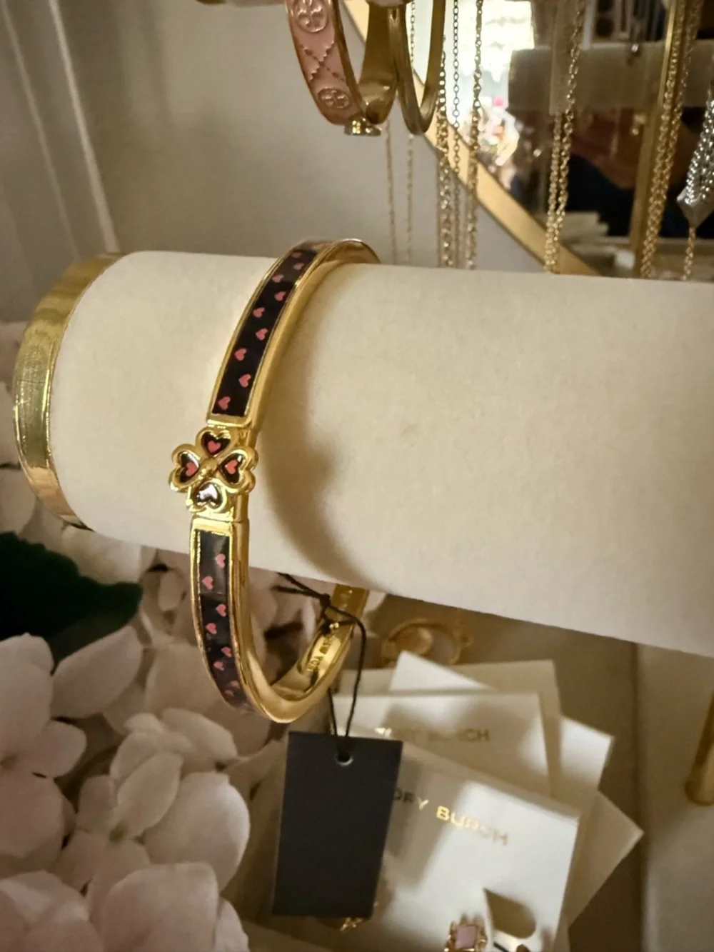 kate spade Gold-Tone Black Enamel Bangle with Pink Heart Clover - Picture 1 of 5